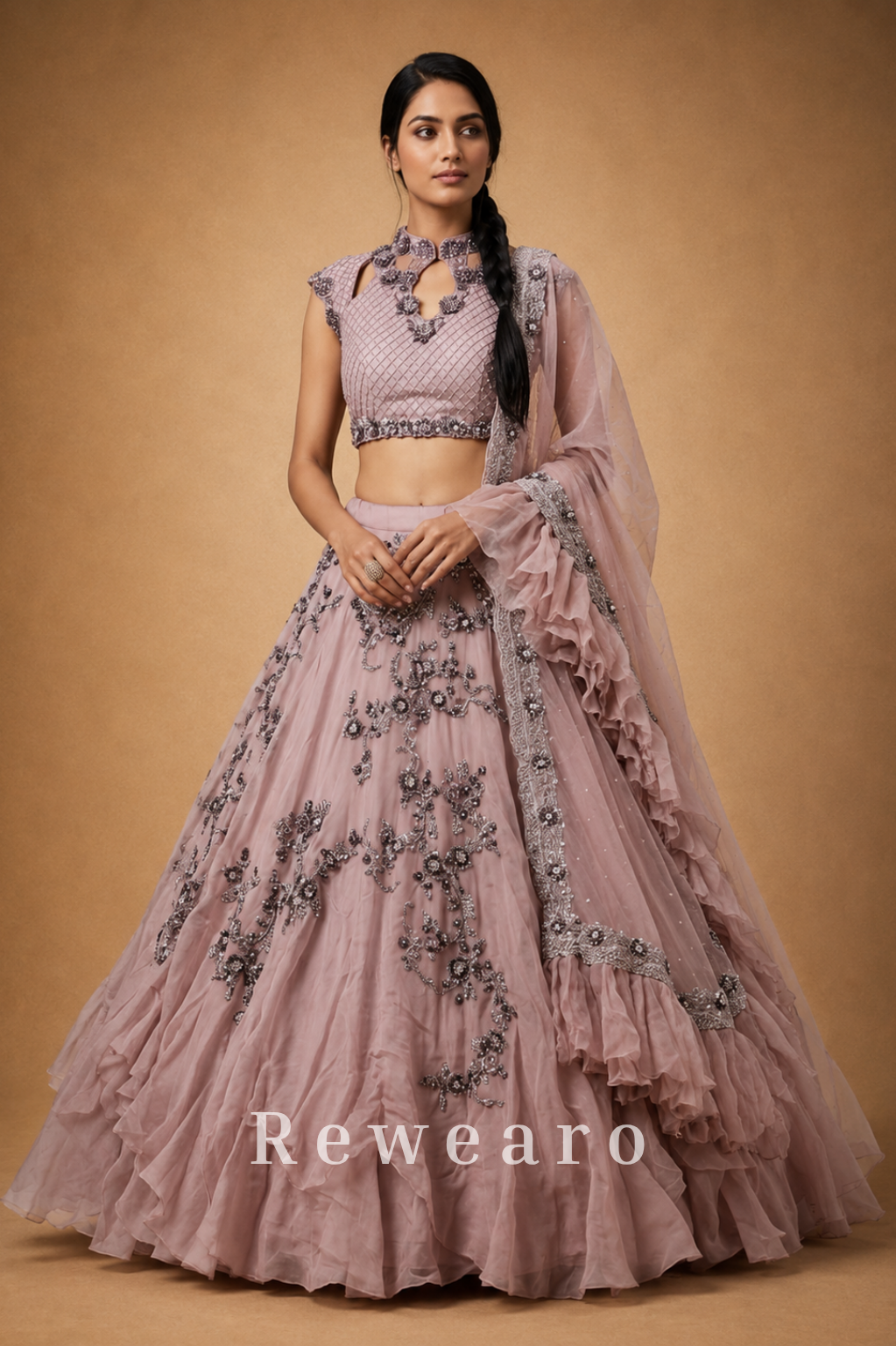 Dusty Pink Embroidered Lehenga with Silver Floral Work & Ruffled Sheer Dupatta