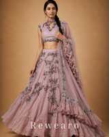 Dusty Pink Embroidered Lehenga with Silver Floral Work & Ruffled Sheer Dupatta