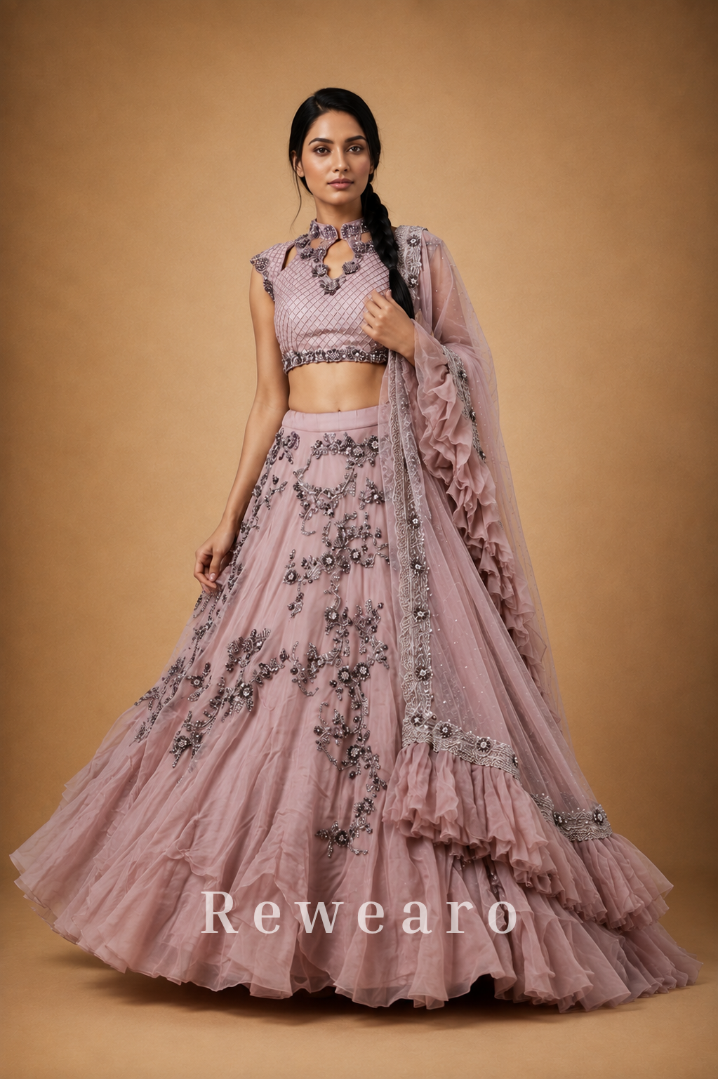 Dusty Pink Embroidered Lehenga with Silver Floral Work & Ruffled Sheer Dupatta
