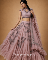 Dusty Pink Embroidered Lehenga with Silver Floral Work & Ruffled Sheer Dupatta