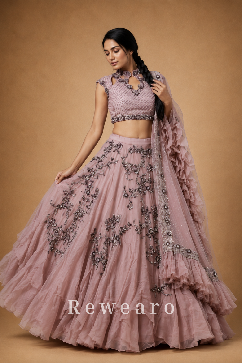 Dusty Pink Embroidered Lehenga with Silver Floral Work & Ruffled Sheer Dupatta