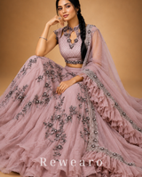 Dusty Pink Embroidered Lehenga with Silver Floral Work & Ruffled Sheer Dupatta
