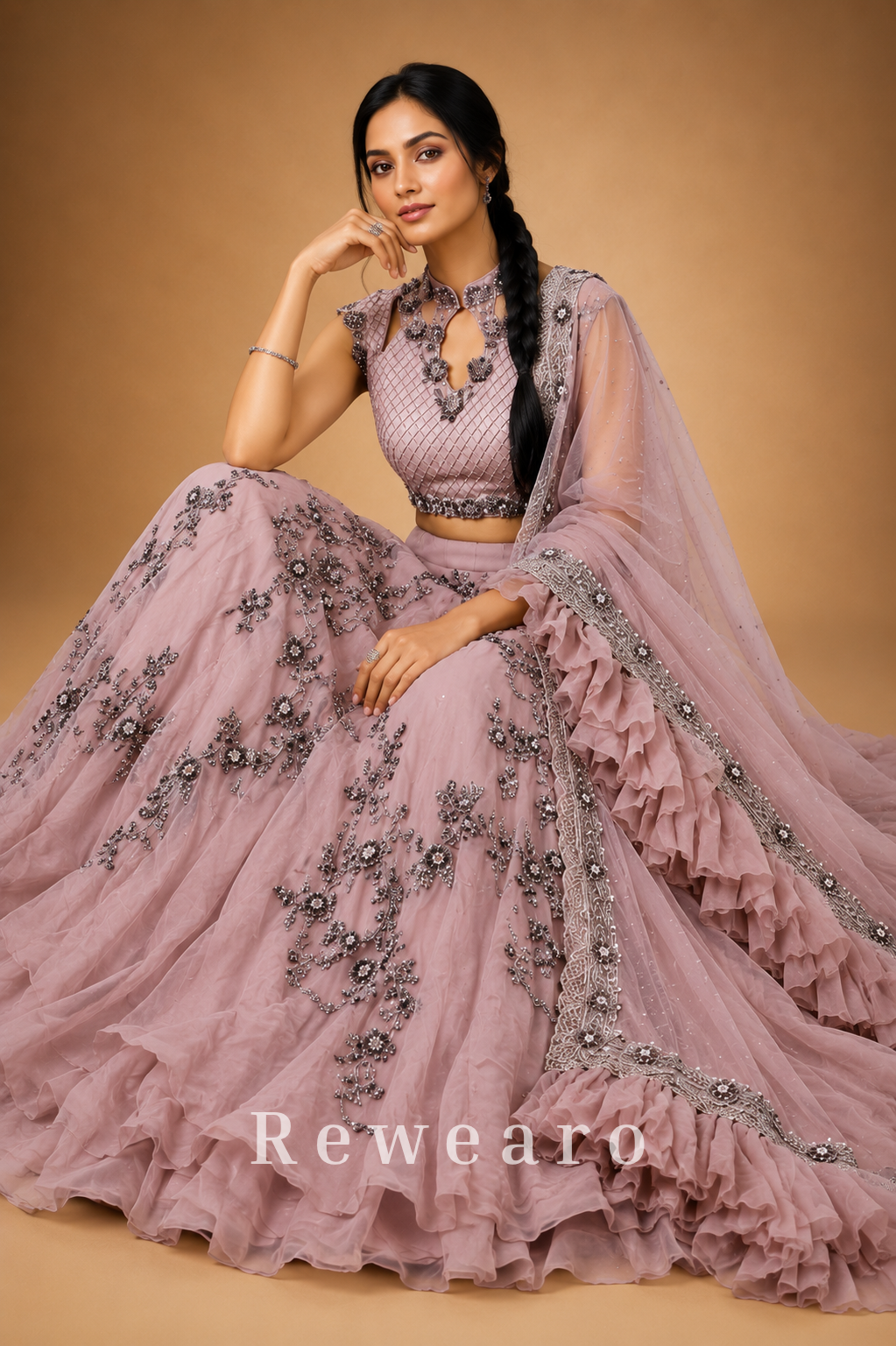 Dusty Pink Embroidered Lehenga with Silver Floral Work & Ruffled Sheer Dupatta