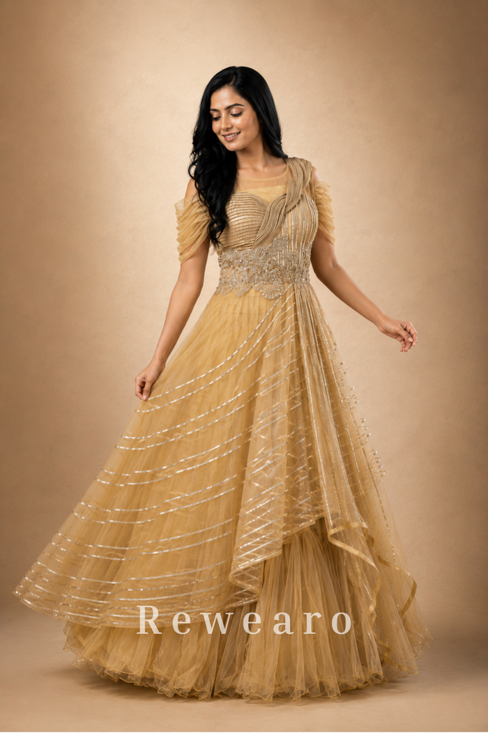 Golden Draped Gown with Silver Striped Tulle & Embroidered Bodice