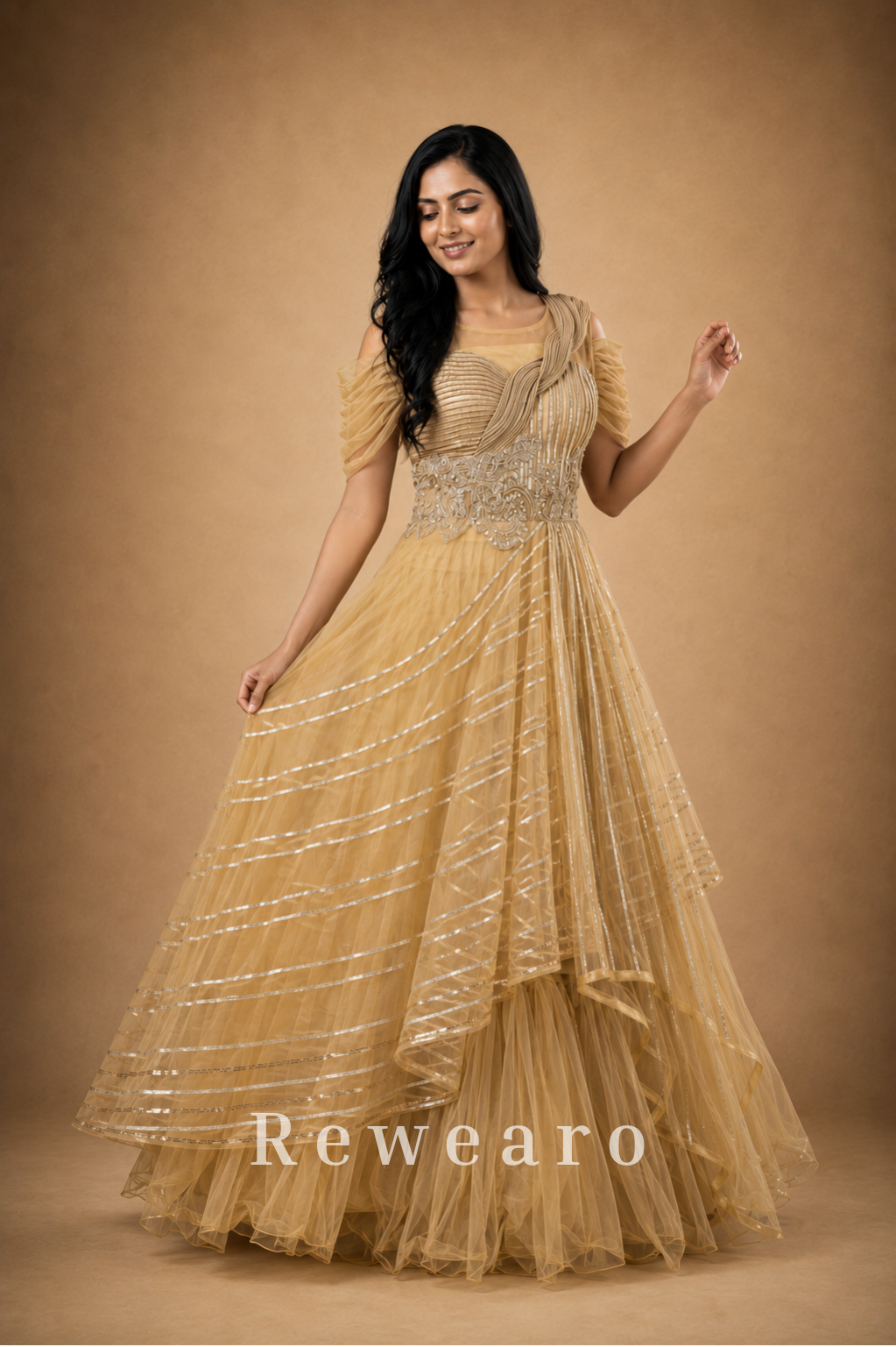 Golden Draped Gown with Silver Striped Tulle & Embroidered Bodice