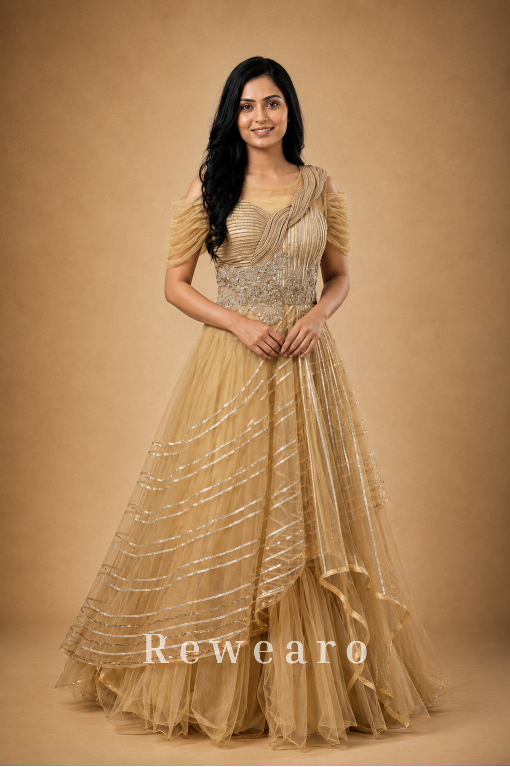 Golden Draped Gown with Silver Striped Tulle & Embroidered Bodice