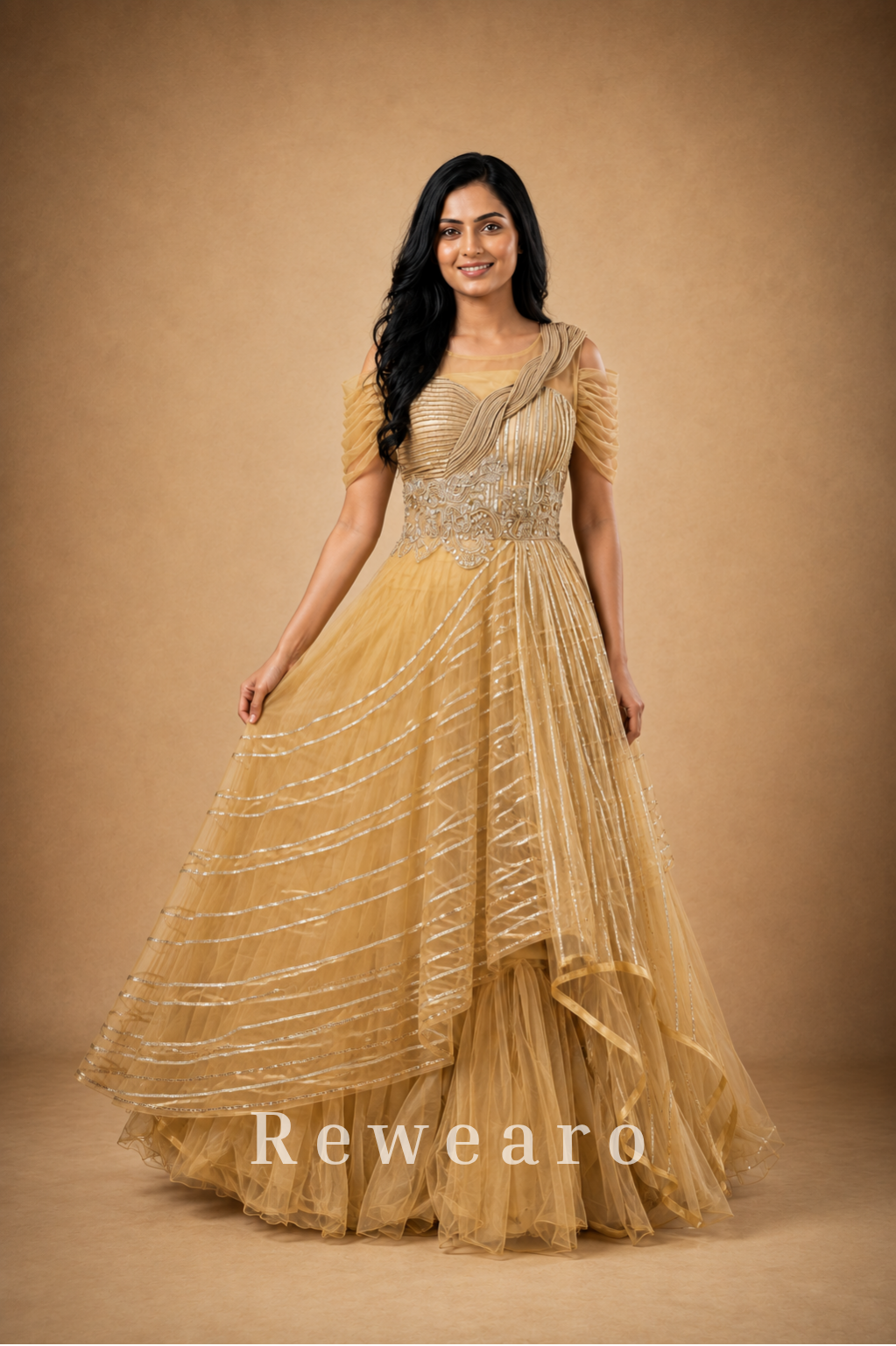 Golden Draped Gown with Silver Striped Tulle & Embroidered Bodice