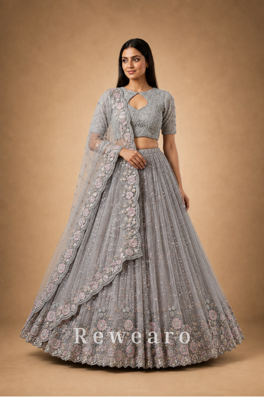 Silver-Grey Floral Embroidered Lehenga with Blush Pink Dupatta