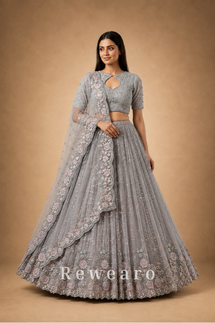 Silver-Grey Floral Embroidered Lehenga with Blush Pink Dupatta