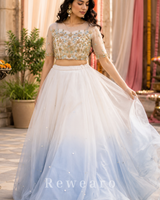 Ivory Frost Ombre Tulle Lehenga Set with Hand-Embroidered Sheer Blouse and Sequined Skirt