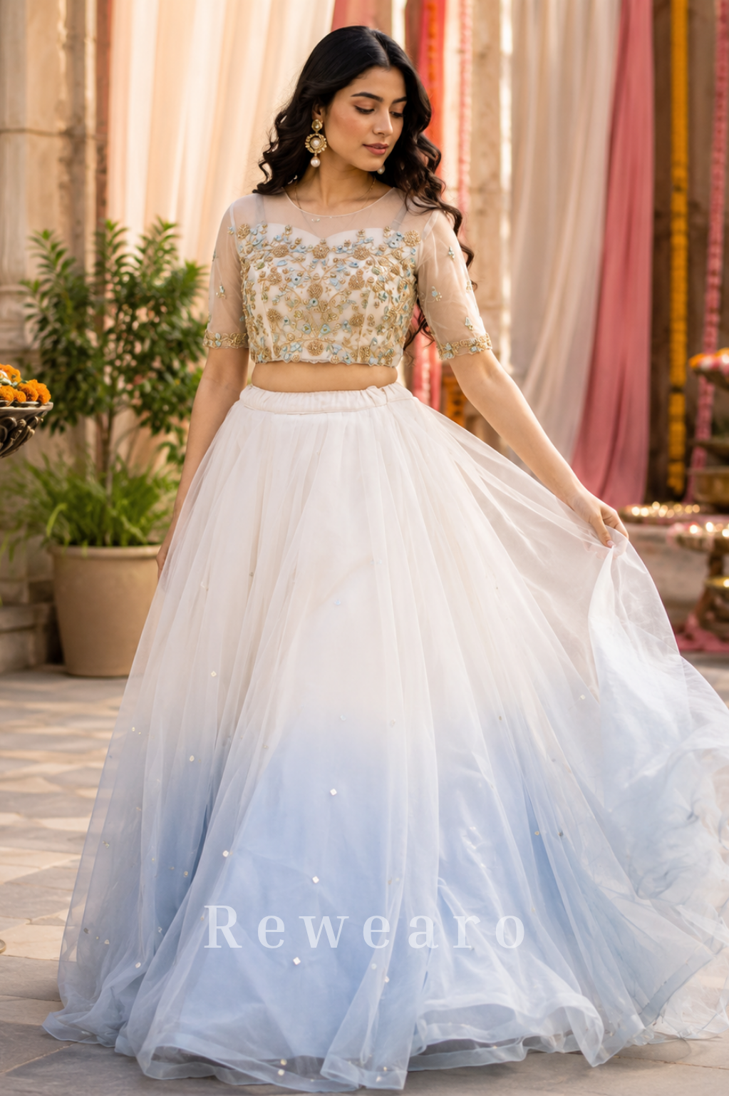 Ivory Frost Ombre Tulle Lehenga Set with Hand-Embroidered Sheer Blouse and Sequined Skirt