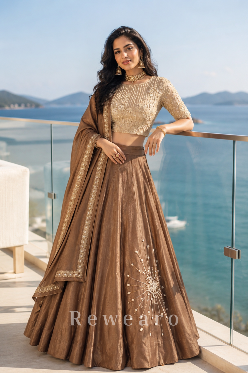 Mocha Embroidered Lehenga Set with Pearl Detailed Blouse