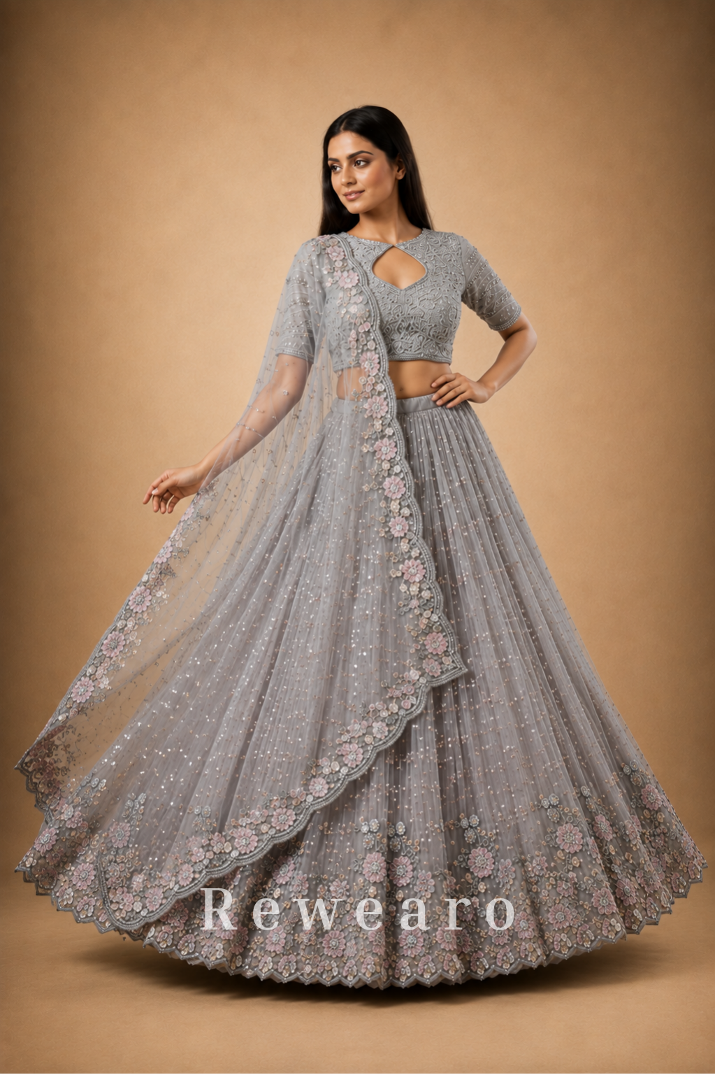 Silver-Grey Floral Embroidered Lehenga with Blush Pink Dupatta