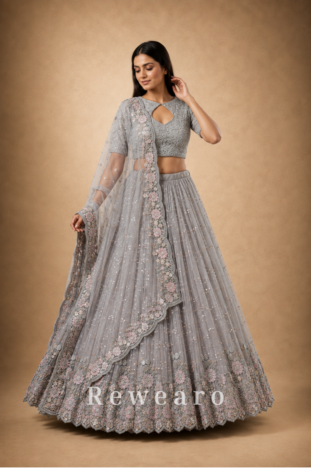 Silver-Grey Floral Embroidered Lehenga with Blush Pink Dupatta