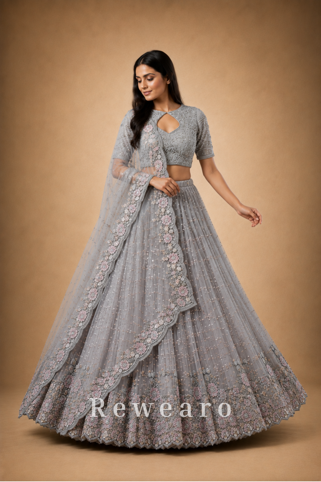 Silver-Grey Floral Embroidered Lehenga with Blush Pink Dupatta