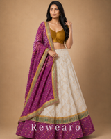 Wine Purple & Ivory Embroidered Lehenga with Mustard Blouse and Bandhani-Inspired Dupatta