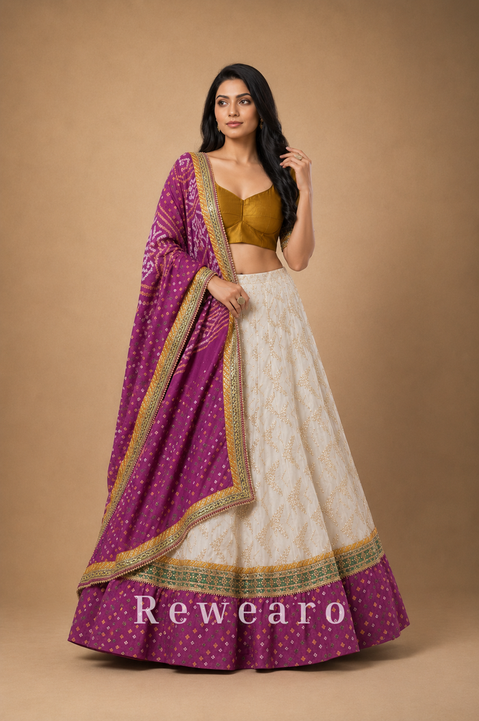 Wine Purple & Ivory Embroidered Lehenga with Mustard Blouse and Bandhani-Inspired Dupatta