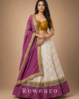 Wine Purple & Ivory Embroidered Lehenga with Mustard Blouse and Bandhani-Inspired Dupatta