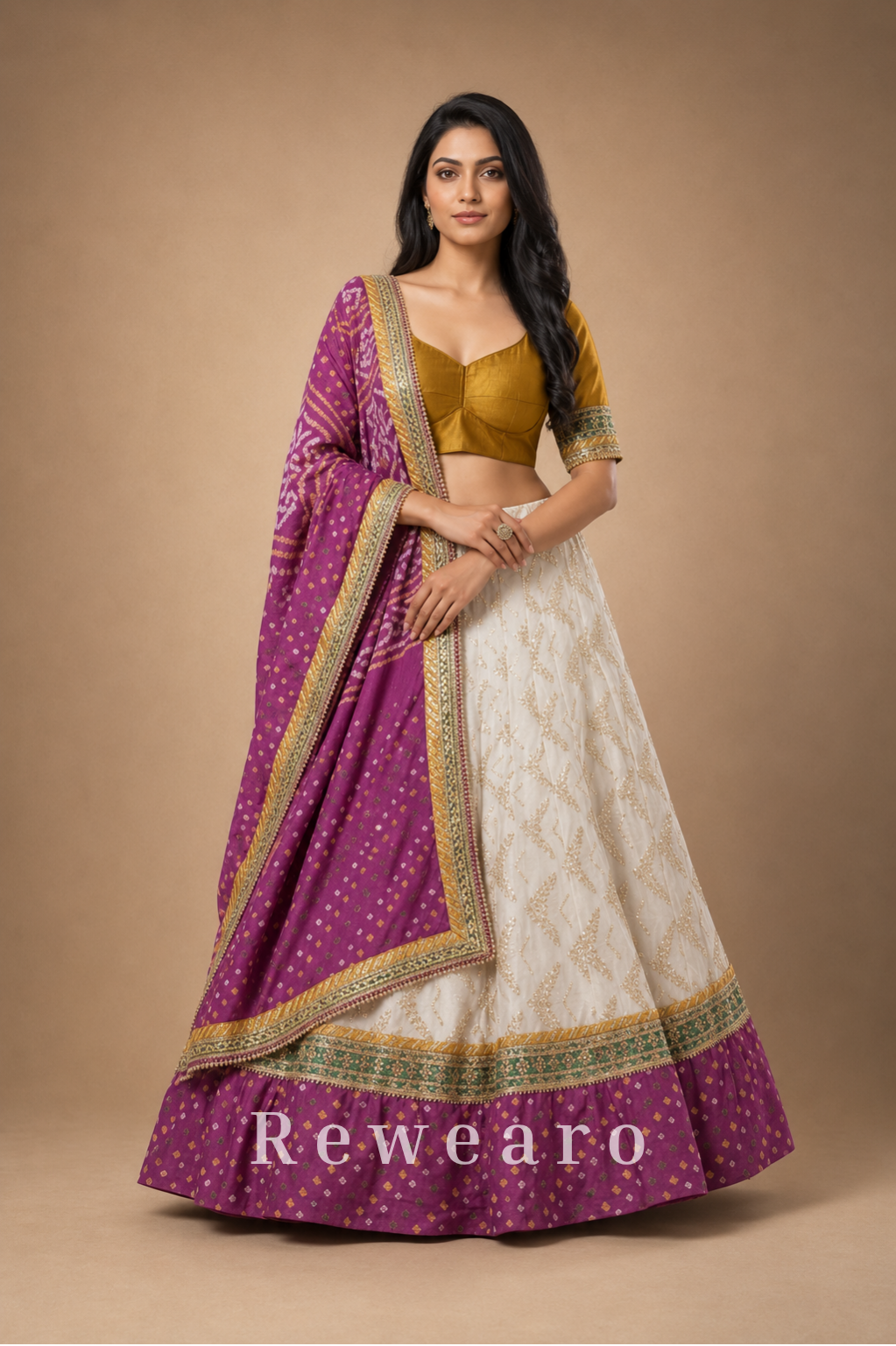 Wine Purple & Ivory Embroidered Lehenga with Mustard Blouse and Bandhani-Inspired Dupatta