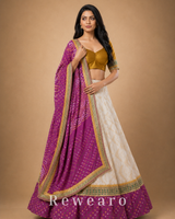 Wine Purple & Ivory Embroidered Lehenga with Mustard Blouse and Bandhani-Inspired Dupatta