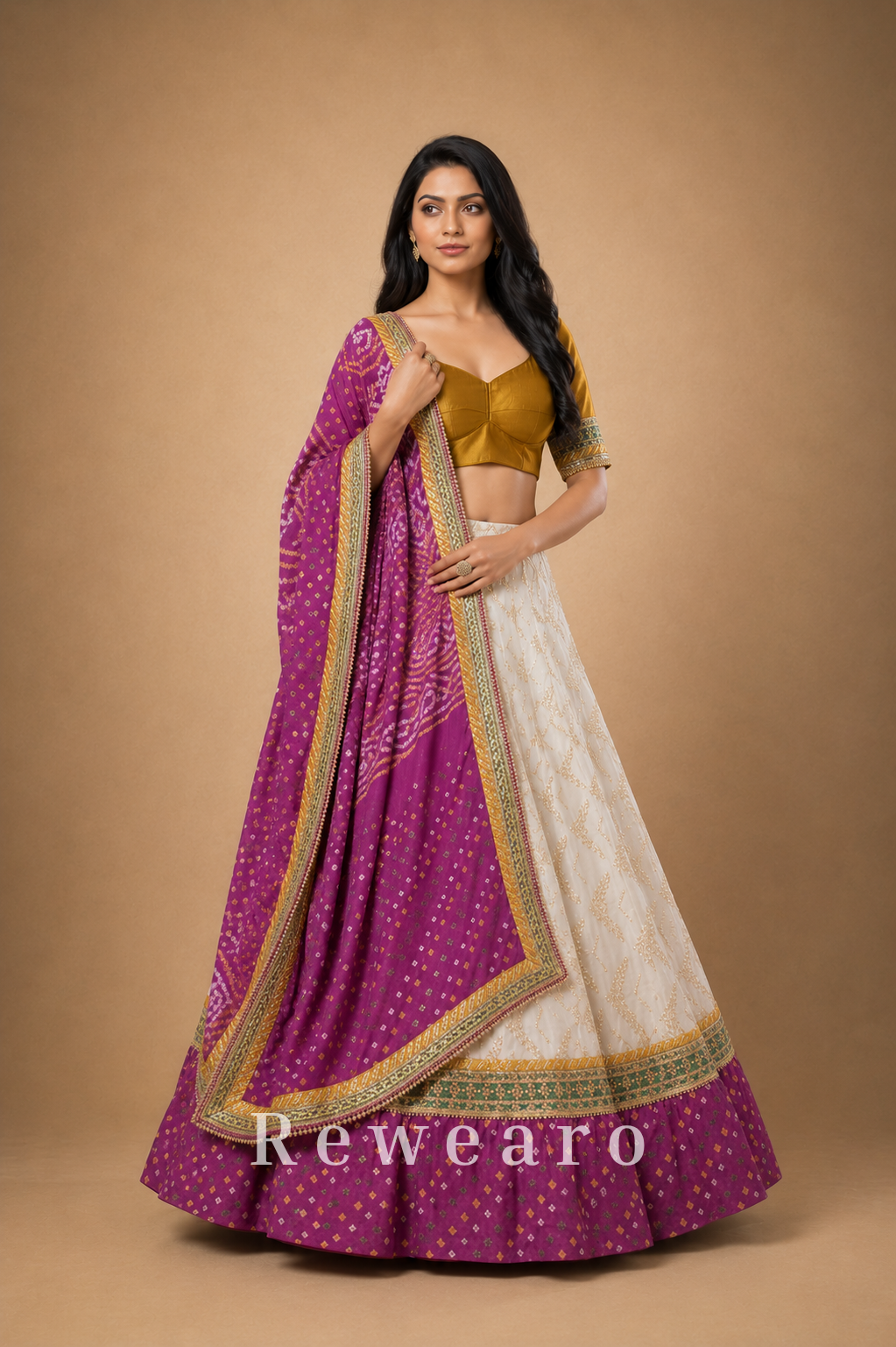 Wine Purple & Ivory Embroidered Lehenga with Mustard Blouse and Bandhani-Inspired Dupatta