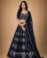 Midnight Blue Floral Embroidered Lehenga with Sheer Dupatta