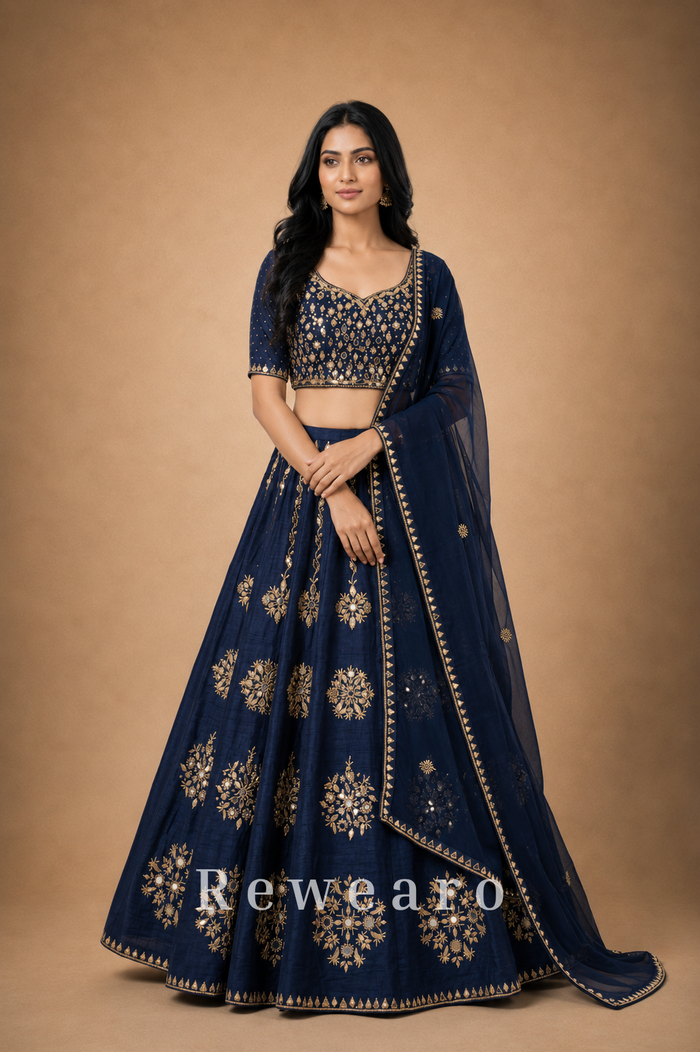 Midnight Blue Floral Embroidered Lehenga with Sheer Dupatta