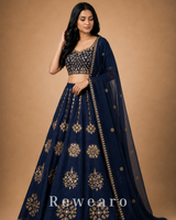 Midnight Blue Floral Embroidered Lehenga with Sheer Dupatta
