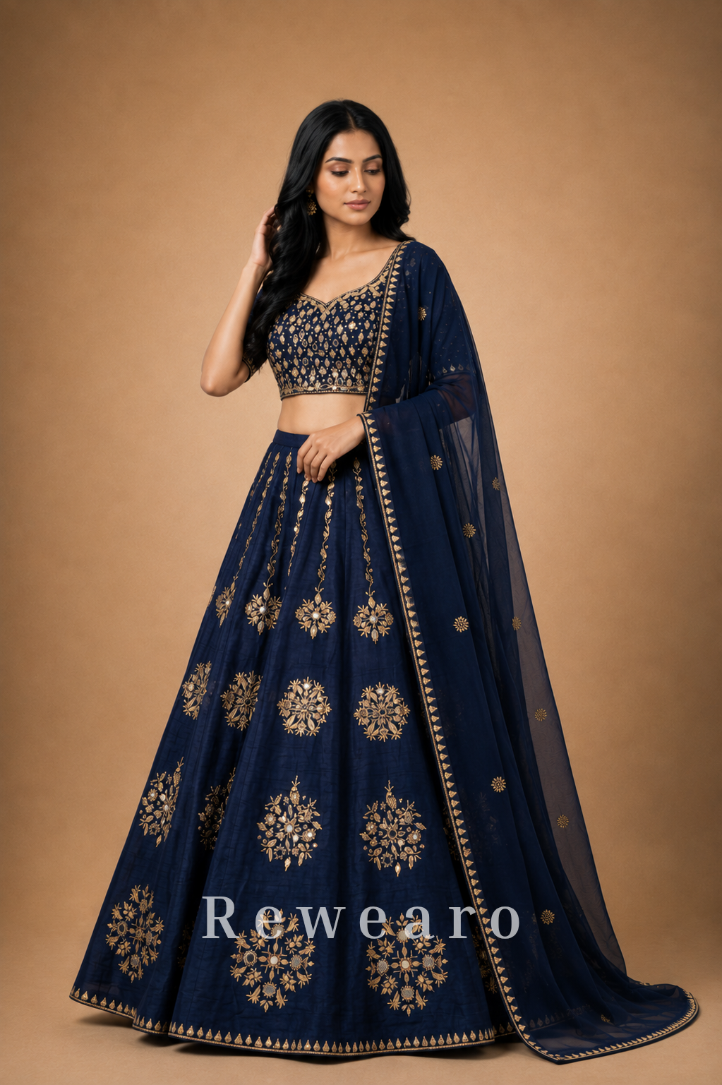 Midnight Blue Floral Embroidered Lehenga with Sheer Dupatta