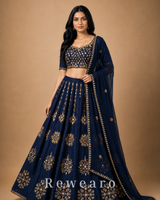 Midnight Blue Floral Embroidered Lehenga with Sheer Dupatta