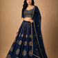 Midnight Blue Floral Embroidered Lehenga with Sheer Dupatta