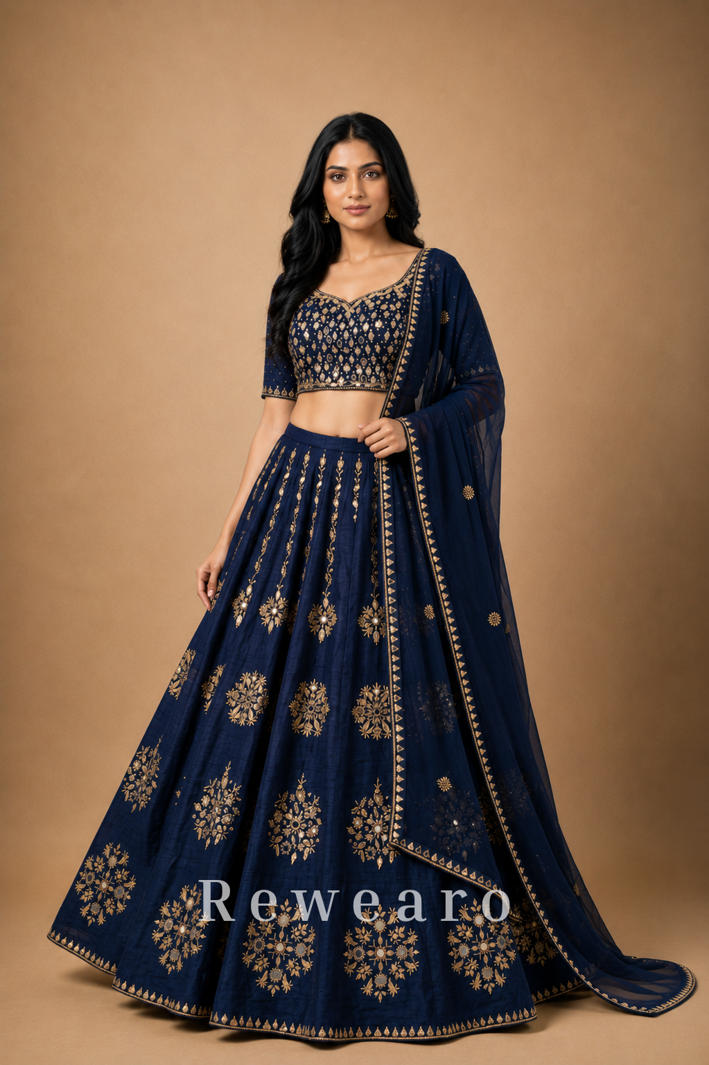 Midnight Blue Floral Embroidered Lehenga with Sheer Dupatta