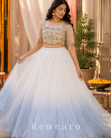 Ivory Frost Ombre Tulle Lehenga Set with Hand-Embroidered Sheer Blouse and Sequined Skirt