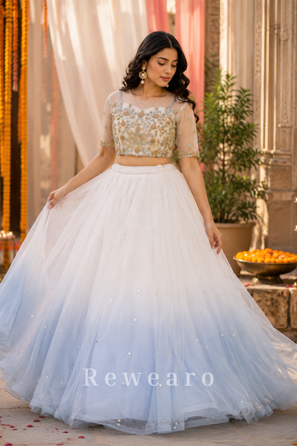 Ivory Frost Ombre Tulle Lehenga Set with Hand-Embroidered Sheer Blouse and Sequined Skirt