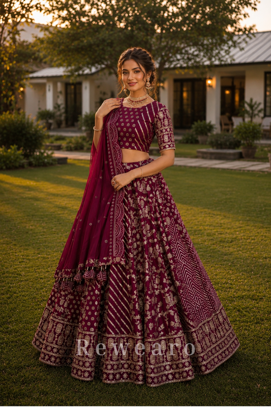 Wine Bandhani Embroidered Lehenga Set with Matching Embroidered Border Dupatta