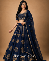 Midnight Blue Floral Embroidered Lehenga with Sheer Dupatta
