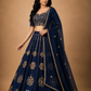 Midnight Blue Floral Embroidered Lehenga with Sheer Dupatta