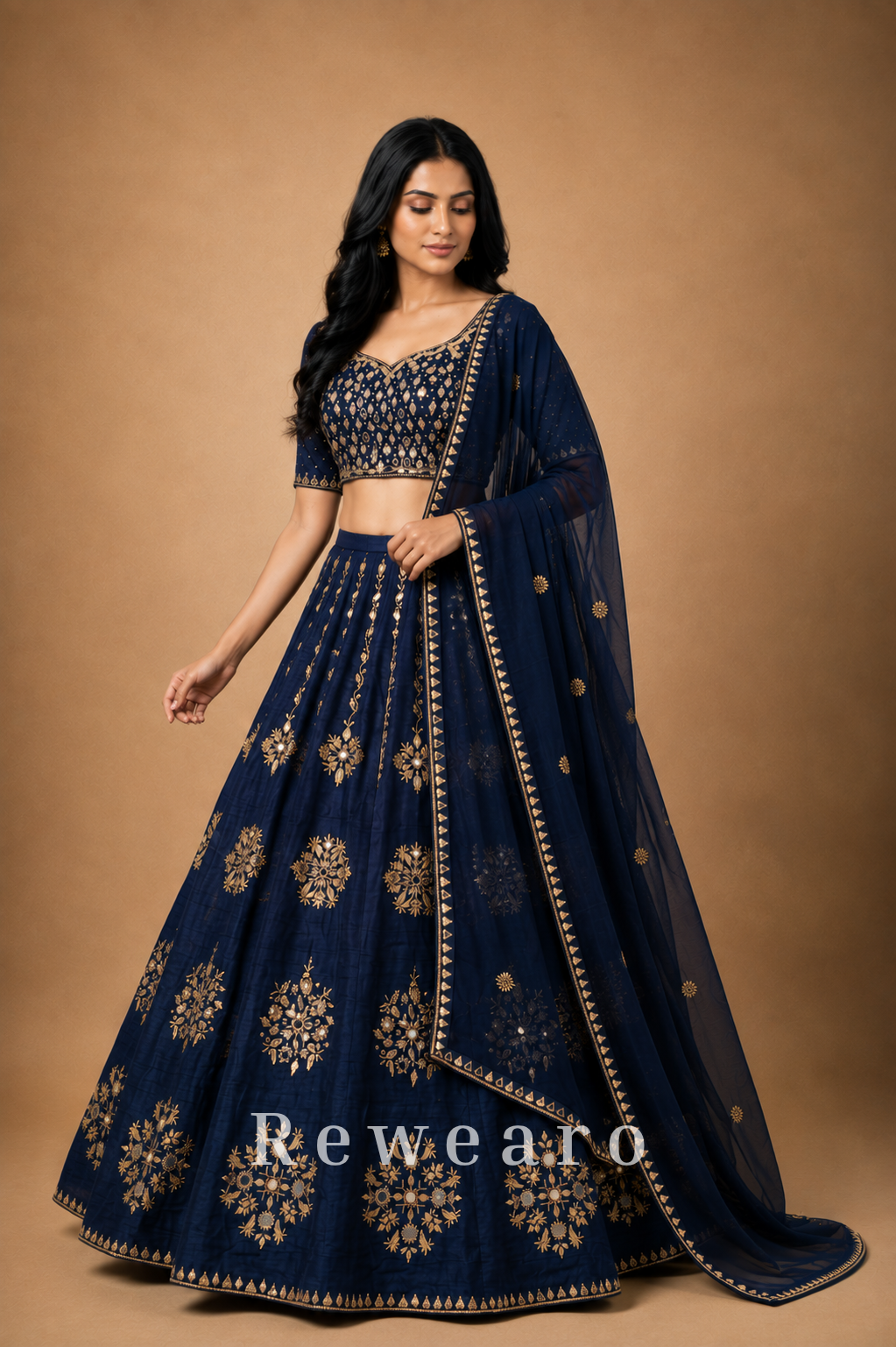 Midnight Blue Floral Embroidered Lehenga with Sheer Dupatta