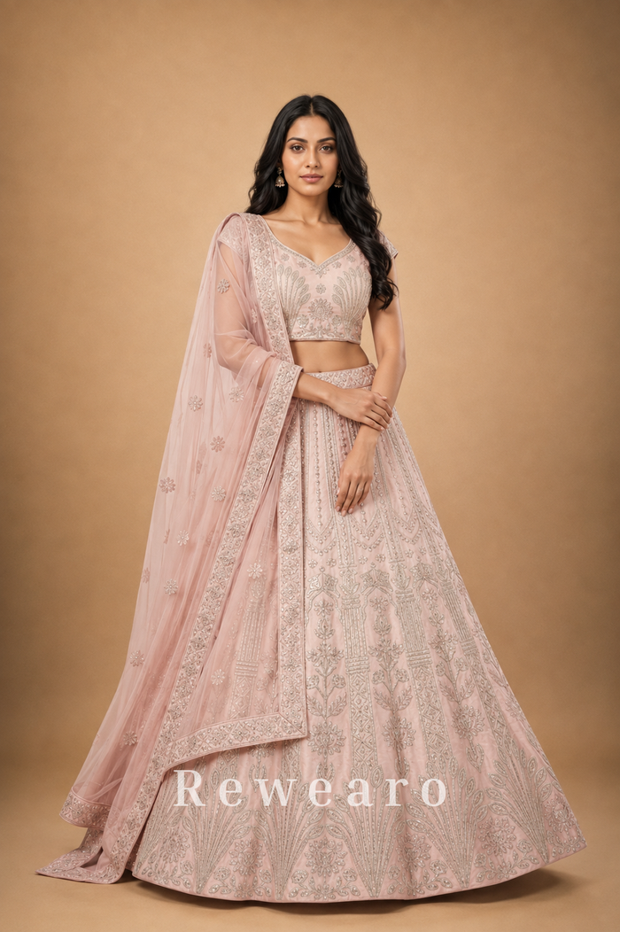 Blush Pink Embroidered Lehenga with Sheer Dupatta