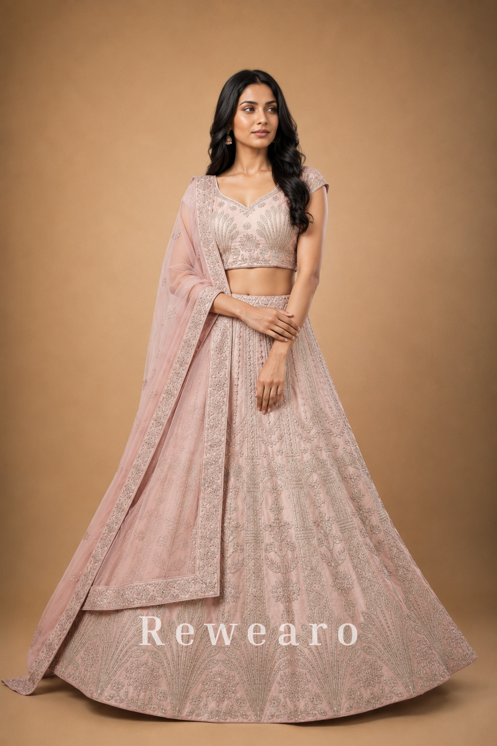Blush Pink Embroidered Lehenga with Sheer Dupatta