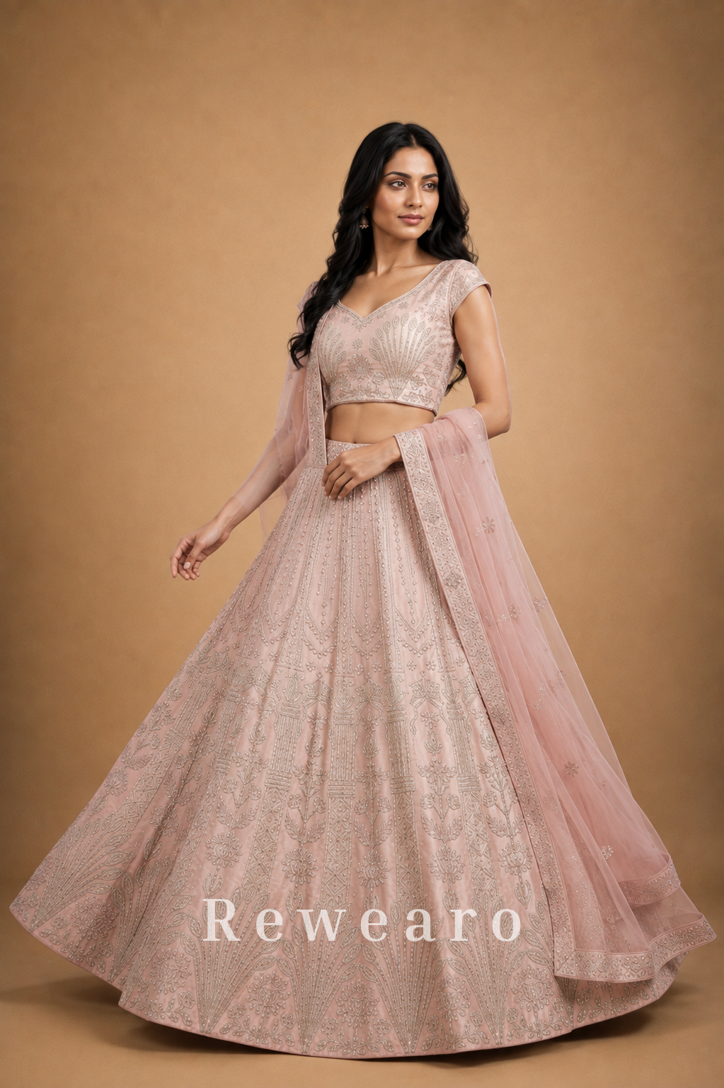 Blush Pink Embroidered Lehenga with Sheer Dupatta