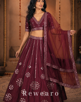 Burgundy Mirror-Embellished Lehenga with Sheer Dupatta