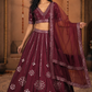 Burgundy Mirror-Embellished Lehenga with Sheer Dupatta