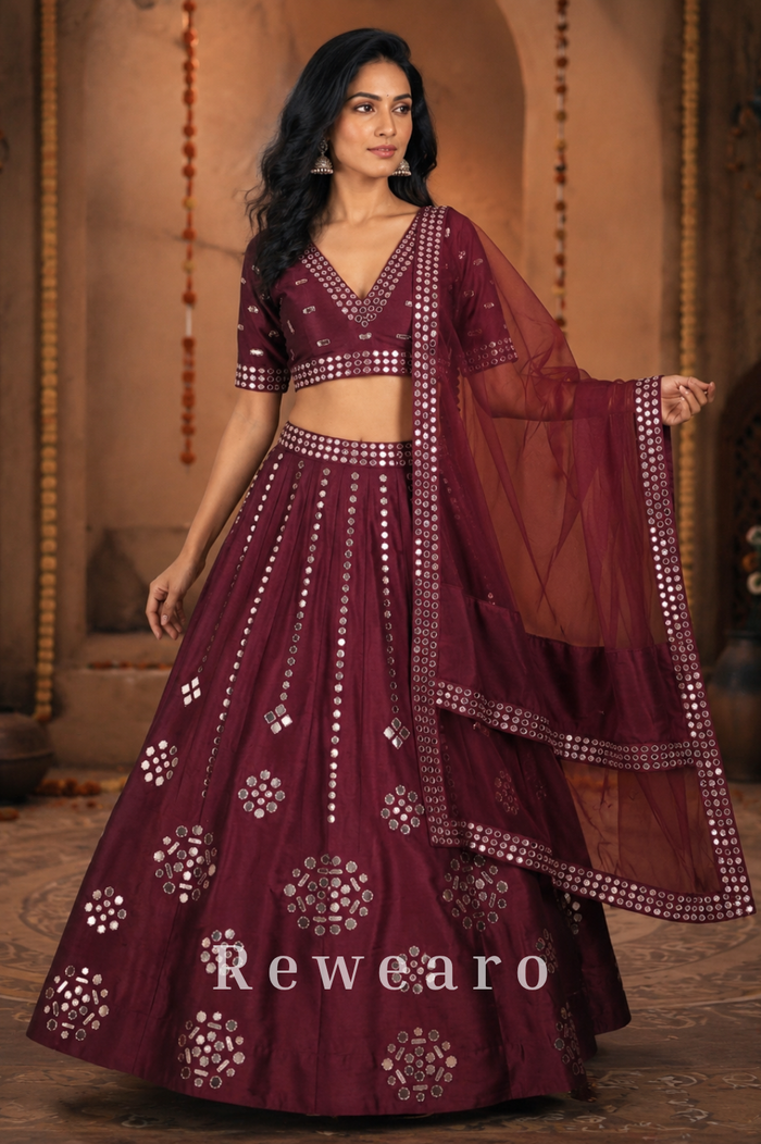 Burgundy Mirror-Embellished Lehenga with Sheer Dupatta