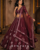 Burgundy Mirror-Embellished Lehenga with Sheer Dupatta