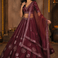 Burgundy Mirror-Embellished Lehenga with Sheer Dupatta