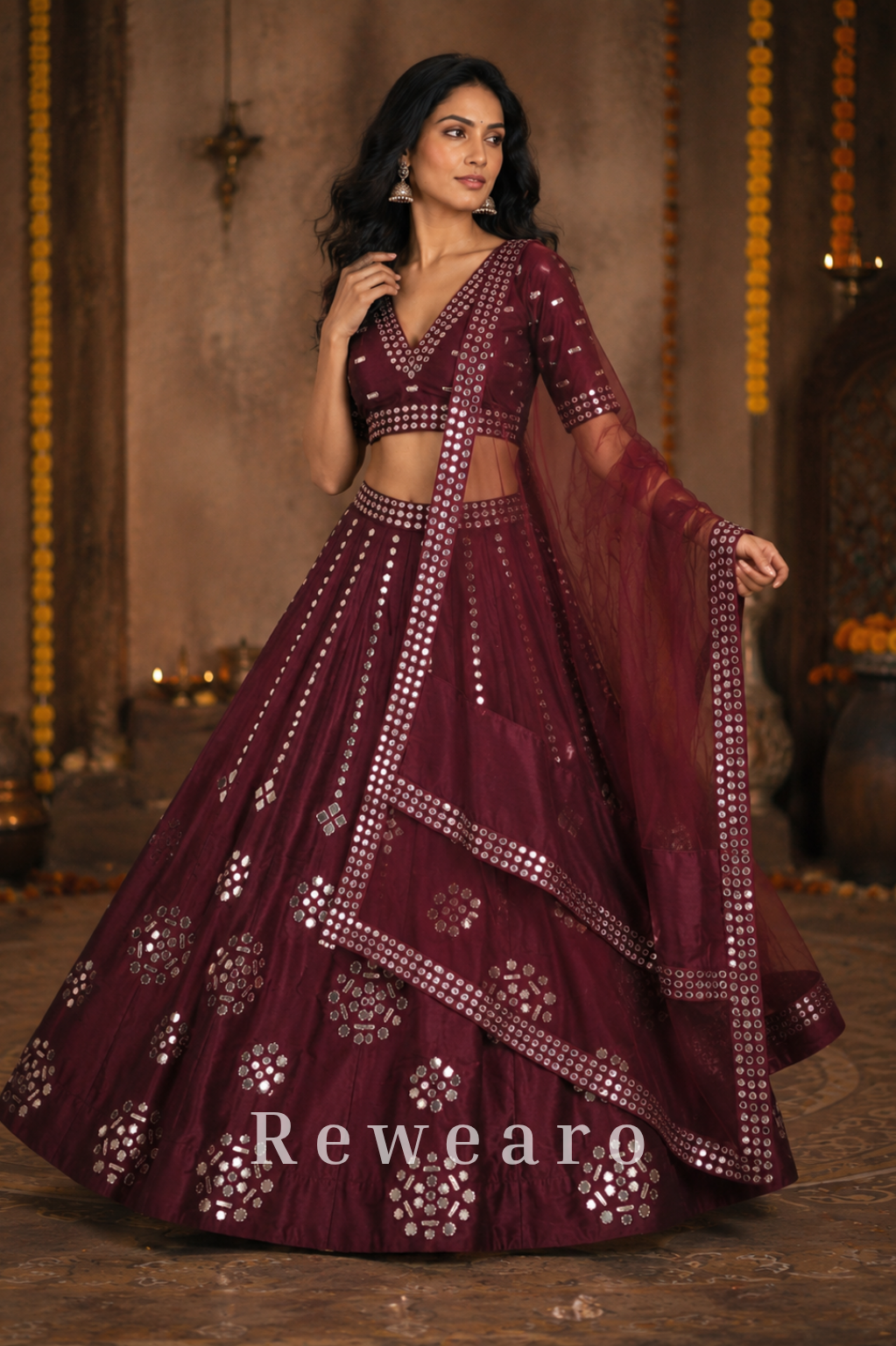 Burgundy Mirror-Embellished Lehenga with Sheer Dupatta