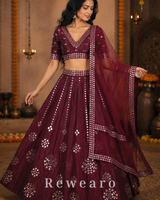 Burgundy Mirror-Embellished Lehenga with Sheer Dupatta