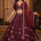 Burgundy Mirror-Embellished Lehenga with Sheer Dupatta