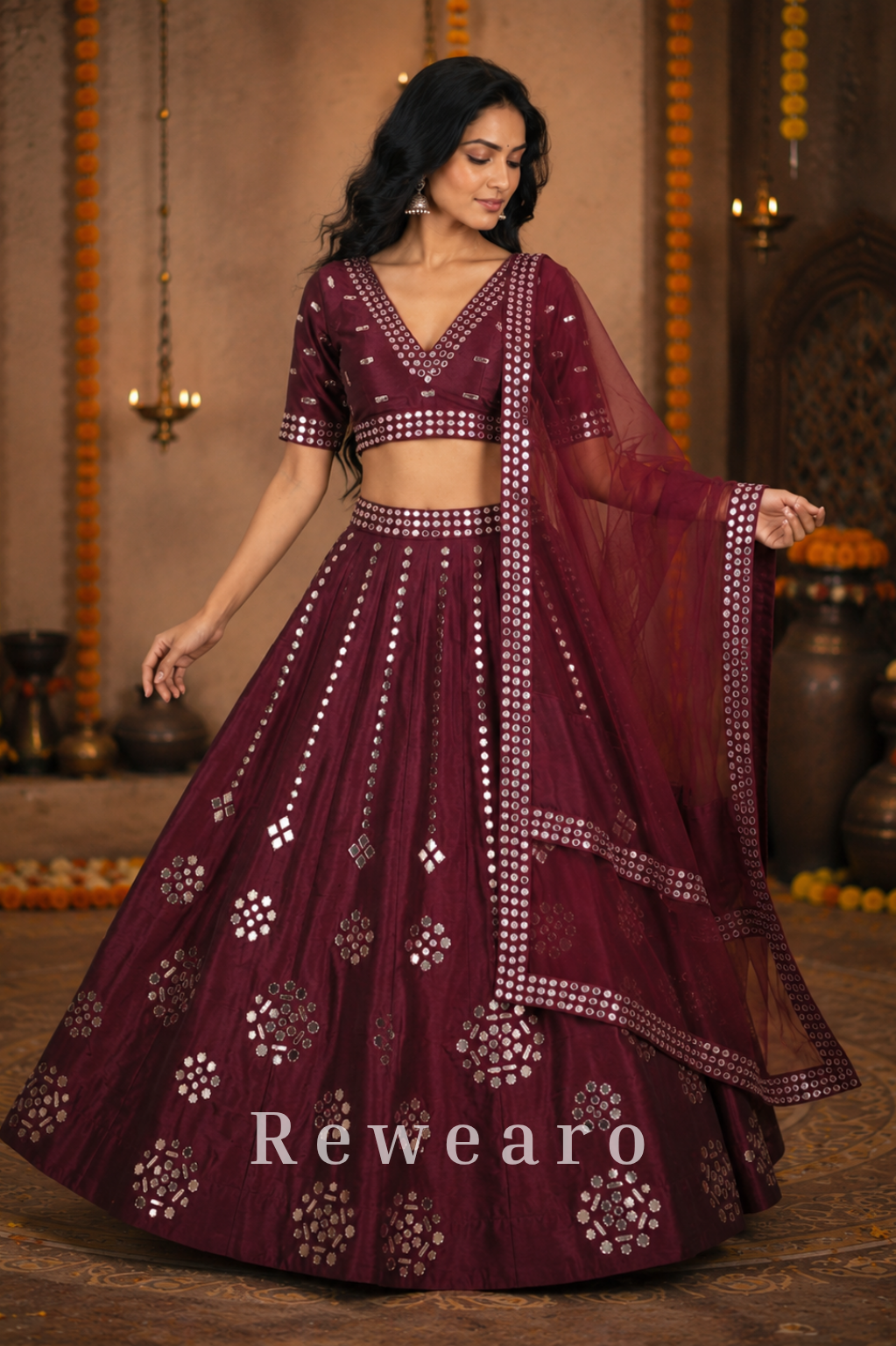 Burgundy Mirror-Embellished Lehenga with Sheer Dupatta